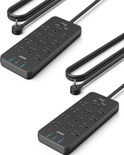 Anker (Pack of 2) Surge Protector Power Strip (2100J), 12 Outlets with 1 USB C and 2 USB Ports for iPhone 15/15 Plus/15 Pro/15 Pro Max, 5feet Extension Cord, Flat Plug, 20W for Home,Office,TUV Listed