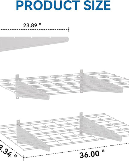 2-Pack 2x3ft Garage Wall Shelving, 24"x36" Shelf Storage Rack Floating Shelves Wall Mounted, Heavy Duty Storage Shelves, 800lbs Load Capacity, with 16 Hooks for Garage Organization, White