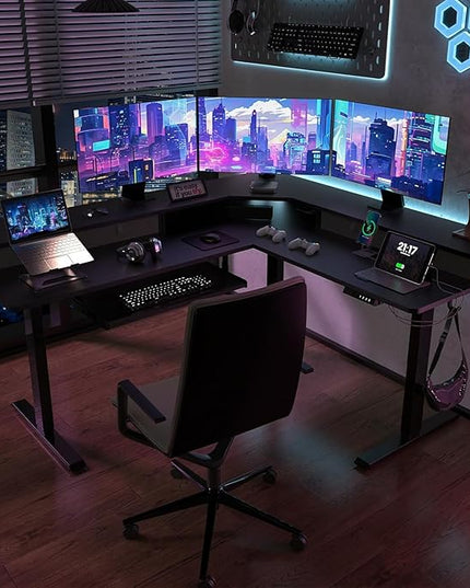 L Shaped Standing Desk with USB Charging Port & 4 Drawers,63 x 55 inch Electric Adjustable Height Corner Stand Up Desk with Keyboard Tray & Storage,Sit Stand Computer L Table for Gaming Office