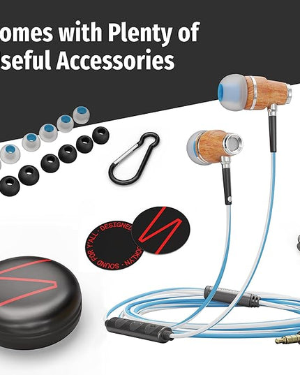 Symphonized NRG 3.0 Wired Earbuds with Microphone, Wooden Phone & Laptop Headphones, 90% Noise Cancelling Corded Earphones with 3.5mm Jack (Blue)