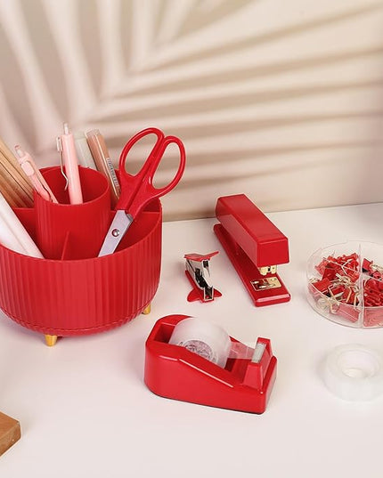 SKYDUE Red Office Supplies Set, Desk Accessories, Stapler, Tape Dispenser, Scissors, Binder/Paper Clips and 1000pcs Staples, Office Decor for Women