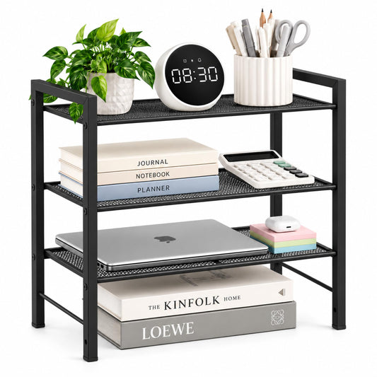 Becomrock Desktop Shelf Organizer, 3-Tier Office Storage Rack, Adjustable Metal Bookshelf for Top of Desk, Desk Organizer for Office, Home, Dorm and Small Spaces (Black)