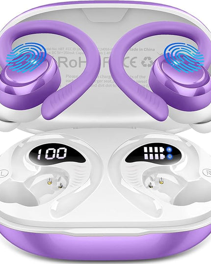 Wireless Earbuds Sport, New Bluetooth 5.4 Headphones with Earhooks, 50H Stereo Deep Bass Over Ear Buds with 4 ENC Noise Canceling Mics, IP7 Waterproof Earphones for Running Workout Gym -Purple