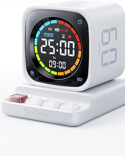 TK3 Pomodoro Timer Cube, Desk Productivity Timer with 5/10/30/60 Min Presets, Custom Countdown, Stopwatch, Clock, 3 Alarm, Silent, Vibrate & Sound Alert, for Task, ADHD, Study, Kitchen, White