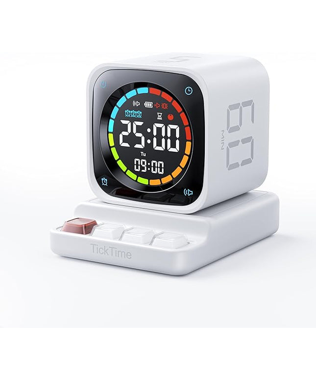 TK3 Pomodoro Timer Cube, Desk Productivity Timer with 5/10/30/60 Min Presets, Custom Countdown, Stopwatch, Clock, 3 Alarm, Silent, Vibrate & Sound Alert, for Task, ADHD, Study, Kitchen, White