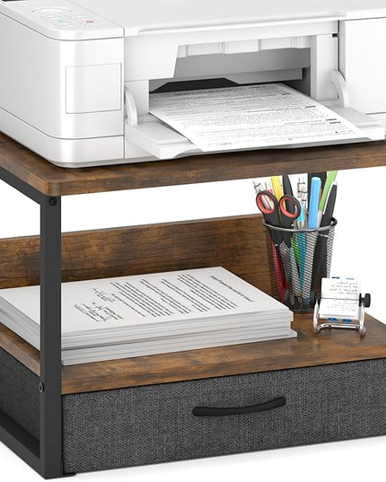 MARTY Printer Stand with Storage Drawer for Desk, 2-Tier Desktop Printer Stand Shelf Organzier for Home Office Printer Riser Under Desk Small Printer Table (Rustic Brown)