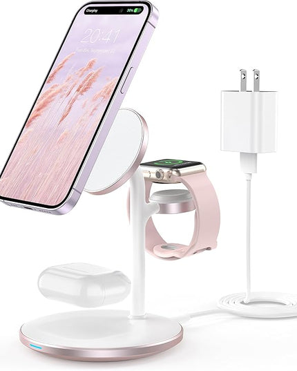 XooFly 3 in 1 Wireless Charging Station for Apple Devices, Fast Wireless Mag-Safe Charger Stand with 20W Adapter for iPhone 17/16 15 14 13 12 Pro Max/Pro/Plus/Air/Mini, iWatch, AirPods (Pink)