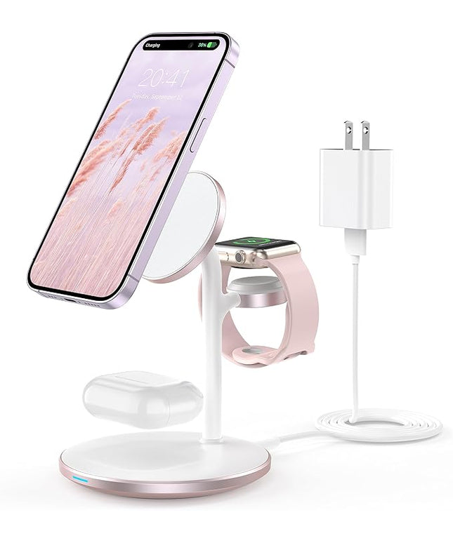 XooFly 3 in 1 Wireless Charging Station for Apple Devices, Fast Wireless Mag-Safe Charger Stand with 20W Adapter for iPhone 17/16 15 14 13 12 Pro Max/Pro/Plus/Air/Mini, iWatch, AirPods (Pink)