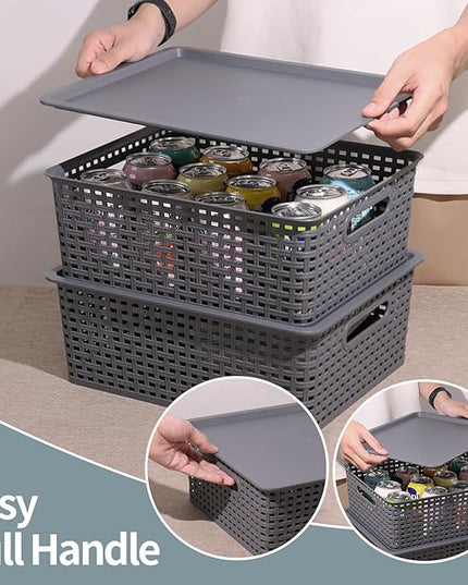 6 Pack Plastic Storage Bins with Lids, Stackable Storage Baskets with Handles, Plastic Organizer Container Bins for Desk,Shelves,Office, Pantry Organizers and Storage, Grey