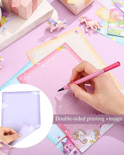 TaoBary 160 Pcs Stationery Paper Set 50 Double Sided Stationery Papers with 50 Matching Envelopes and 60 Round Dot Sticker, 10 Design(Unicorn,5.5 x 8.25 Inch)