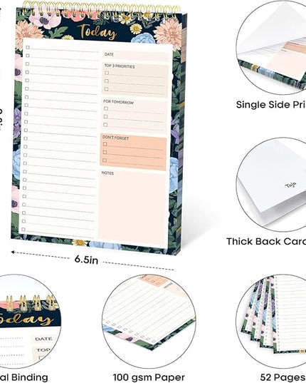 Taja To Do List Notepad - To Do List Notebook for Work with 52 Sheets, 9.8" x 6.5", Undated Daily Planner Perfect for Daily Tasks and Goal Setting, Notepad Suitable for Office, Home & School - Floral Symphony