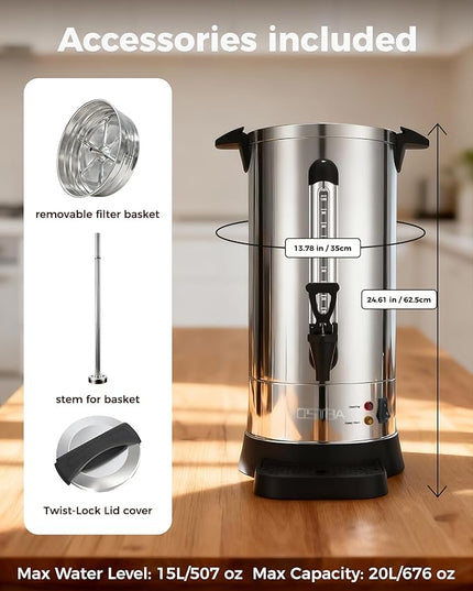 OSTBA 1500W Commercial Coffee Urn 100 Cup / 15L Large Percolator Coffee Pot, 304 Stainless Steel Double-Wall Hot Water Dispenser Electric Coffee Maker Fast Brewing for Catering, Parties & Events