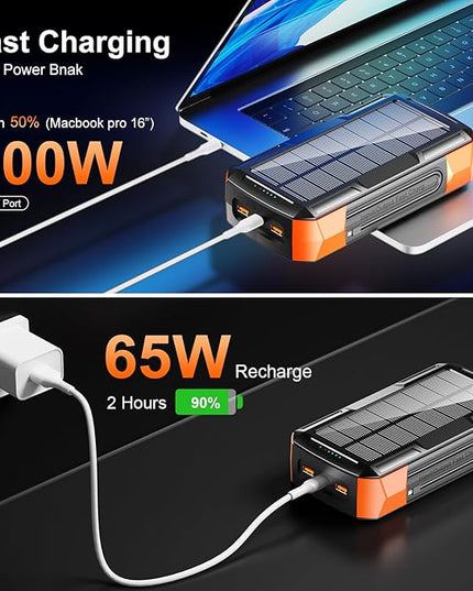 Solar Charger Power Bank 73200mAh, Portable Laptop Charger with 100W USB-C in/Output, Built-in Cables, Hand Crank Power Bank for Mobile Phones, Ideal for Outdoor Use with SOS/Strobe/Strong (orange)