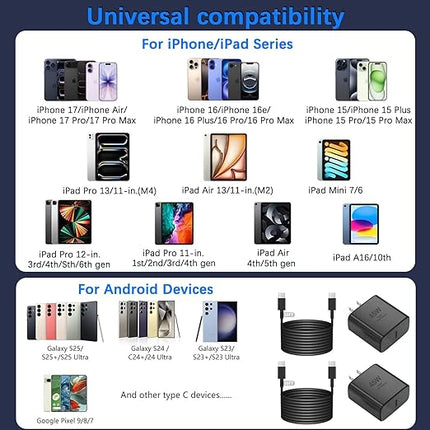 iPhone 17 Charger Fast Charging,2Pack 45W USB C Charger Block Power Adapter&10FT Type C USB C to C Cable Cord for iPhone 17 Pro Max/17 Air/17 Pro/17/16e/16 Plus/15 Pro Max,iPad Pro/Mini/Air,Galaxy S25