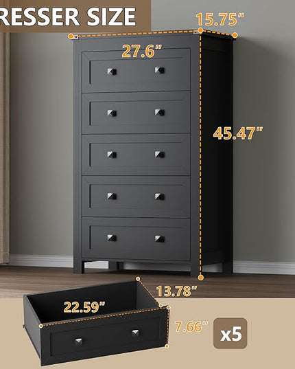 BORNOON Tall 5-Drawer Dresser, Modern Wooden Storage Chest of Drawers, Dresser TV Stand, Wood Drawer Organizer with Metal Handles for Bedroom, Living Room, Hallway