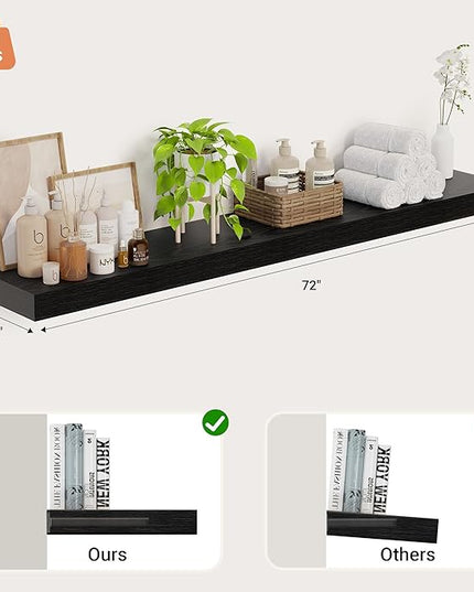 Heimlove 12 Inch Deep Floating Shelves, 72 x 12 inches Long, Large Extra Display & Storage Shelf, Rustic Wood Wall Shelves for Fireplace Mantel, Black - 1Pack