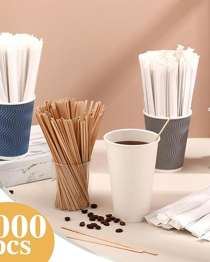 3000 Pcs Individually Wrapped Wooden Coffee Stirrers, Disposable Coffee Stir Sticks Round End Sticks Bulk Wood Stirrers for Cocktail Hot Drinks Restaurant Bar Home Office (7 Inch)