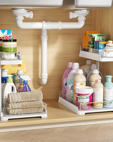 heart & home 1-Pack Under Sink Storage Organizer for Kitchen & Bathroom Cabinets with Removable Washable Tray, Tool-Free Assembly – Multi-Purpose for Kitchen Countertop, Vanity, & Laundry Room，White
