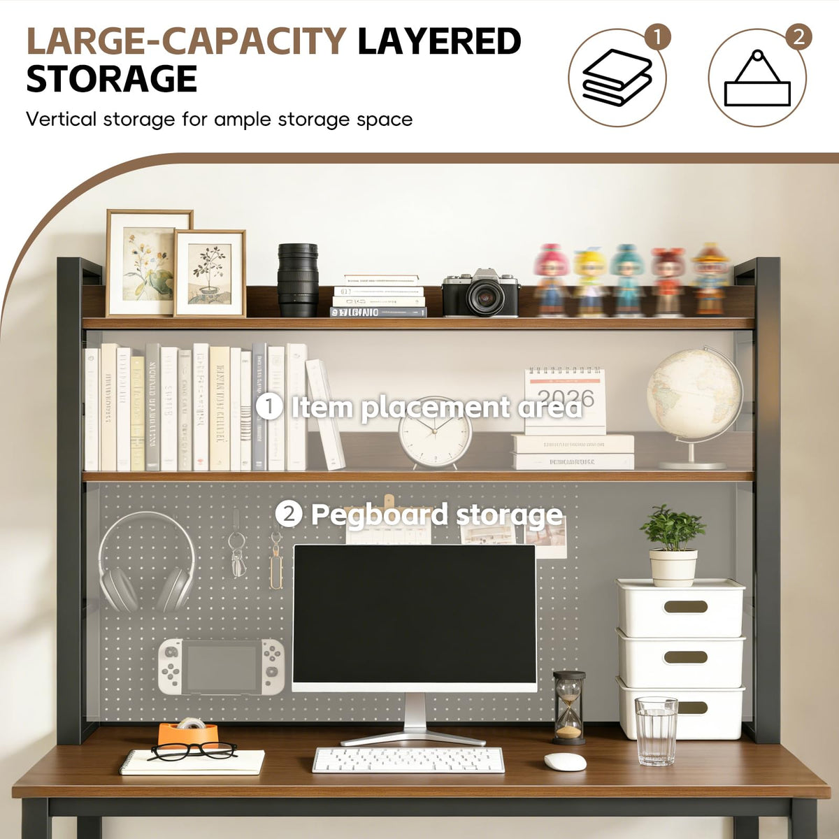LINLIUA 2/3/4 Tier Desk Hutch, Metal Desk Shelf with Pegboard, Desk Shelves for Top of Desk, Freestanding Desktop Bookshelf, Desktop Shelf Organizer Display Rack for Dorm Office and Home