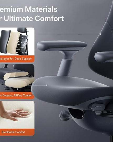 LiberNovo Dynamic Ergonomic Office Chair - Comfy Adjustable Desk Chair with Adaptive Lumbar Support, 160° Recline & Built-in Spine Stretch for Back Comfort, Home Office Long Hours Use, Black+48cm