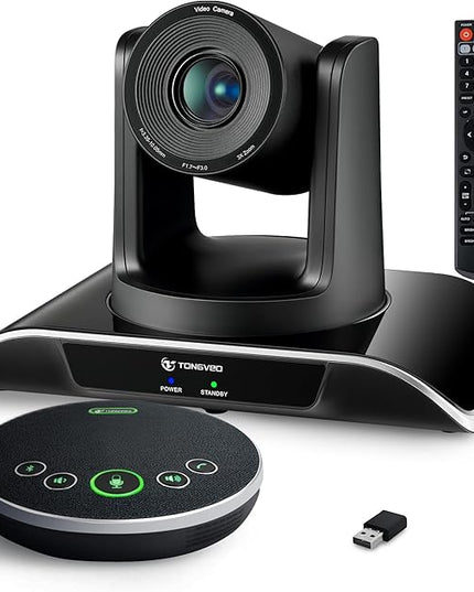 TONGVEO All-in-One Conference Room Video Camera System Al Auto-Tracking HD1080P 60fps 3X Optical Zoom USB3.0 HDMI PTZ Camera and Bluetooth Conference Speakerphone with Microphones