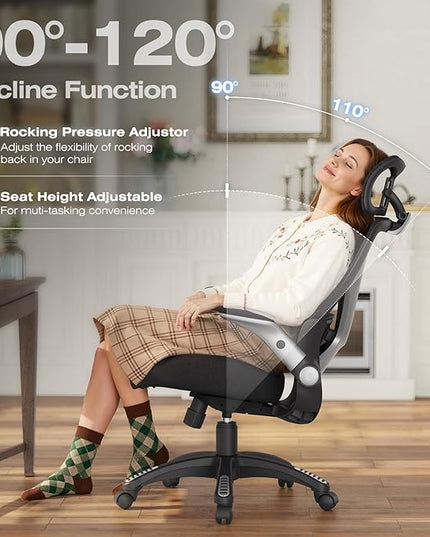 ELABEST X100 Ergonomic Mesh Office Chair, Big and Tall Hone Desk Chair with 5D Flip-Up Arms, Adjustable 3D Lumbar Support,Gaming & Executive Computer Chairs for Long Hours, Padded Seat