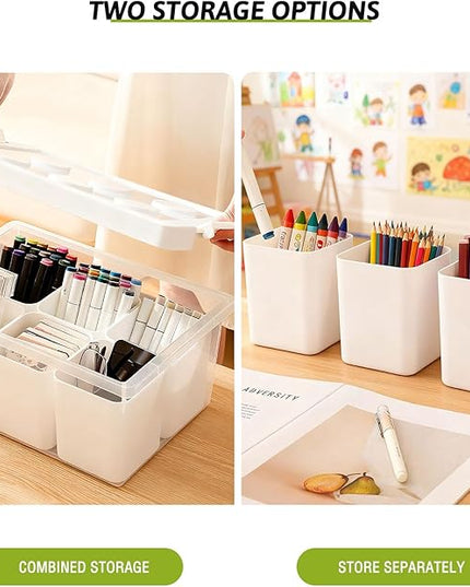 loobuu Plastic Storage Bins with Lids, Art Craft Supply Organizer Box with Brush Pot, Multipurpose Stackable Storage Containers for Organizing Tool, Craft, Crayon,Sewing(White)