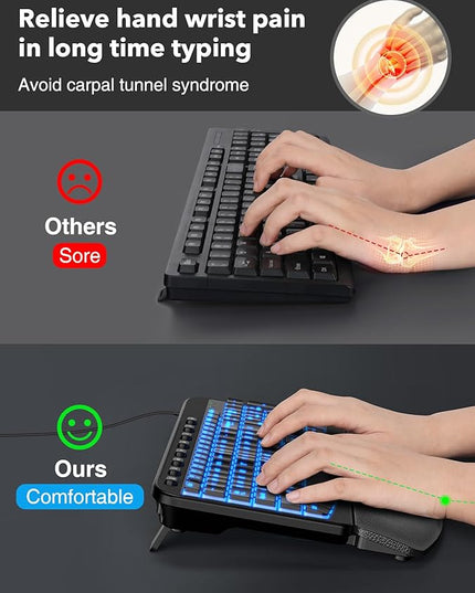 SABLUTE Ergonomic Keyboard, USB Wired with Cushioned Wrist & Palm Rest, 7-Color Backlit Adjustable Brightness for Windows, macOS, Desktop, Laptop & PC