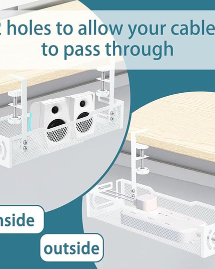2Pack Under Desk Cable Management Tray, No Drill Mesh Desk Cable Tray, Wire Management Tray Cable Management Rack, Wire Organizer and Cable Management Box (White)