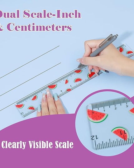 BAYTORY 4Pcs Transparent Acrylic Ruler 12 Inch, Clear Plastic Straight Rulers, Shatterproof Student Stationery Centimeters with Inches, for Classroom Essentials School Supplies (Fruit)