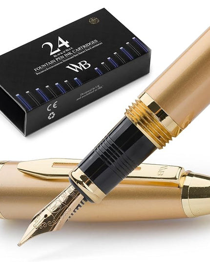 Wordsworth & Black Majesti Fountain Pen-(Gold), Luxury Case, 24K Gold Finish; 18K Gilded Medium Nib- Ink Cartridges, Refillable Ink Converter-Calligraphy Pen-Best Business Gift Set for Men & Women