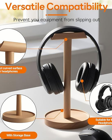 Yookin Wood Headphone Stand Headset Stand for Deak Universal Headphone Holder with Storgae Base Handcrafted Desk Organizer for Gaming Headsets(Beech Wood)