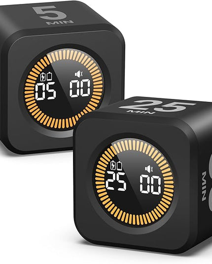 KADAMS Pomodoro Cube Timer Productivity Visual Timer - 5/10/25/50 Min Rotating Countdown, Customize Countup Silent Mode- for Work Study Cook Workout Kitchen Back to School Classroom (Black 2 Pack)