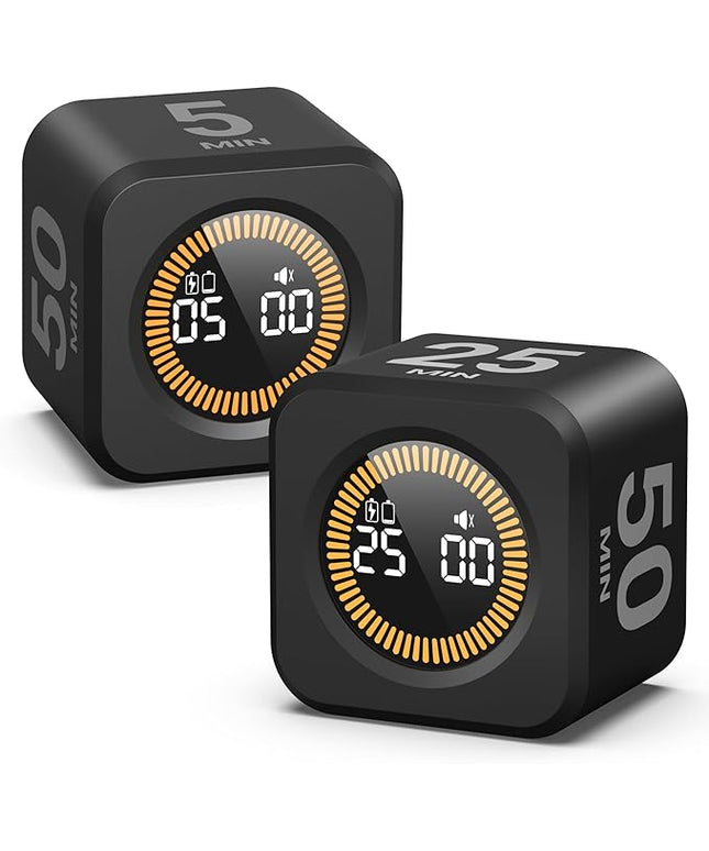 KADAMS Pomodoro Cube Timer Productivity Visual Timer - 5/10/25/50 Min Rotating Countdown, Customize Countup Silent Mode- for Work Study Cook Workout Kitchen Back to School Classroom (Black 2 Pack)