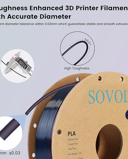 Sovol 3D Printer Silk Shiny Multicolored Fast Change Rainbow PLA 1kg (2.2 lbs) Spool 3D Printing Materials, Dimensional Accuracy +/- 0.03 mm, 1.75 mm, Purple Rainbow