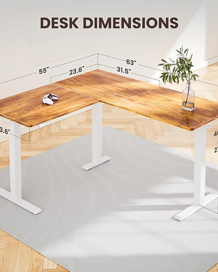 ErGear L Shaped Standing Desk, 63"x55" Electric Adjustable Height Sit Stand up Desk, Ergonomic Large Computer Table, Left & Right Interchangeable Installation, Suitable for Home Office, Light Vintage