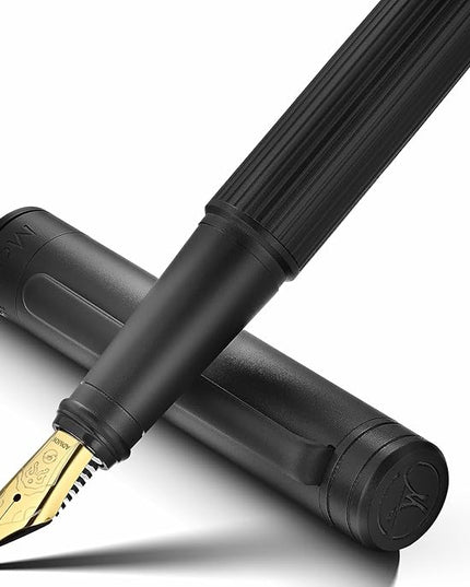 MCNTEIK Matte Black Forest Fountain Pen, Exquisite Vertical Grooving Design, 18K Gilded Nib (Fine), Fancy Pen Gift Set for Men & Women, Professional, Business Signature, Office, Nice Designer Pens