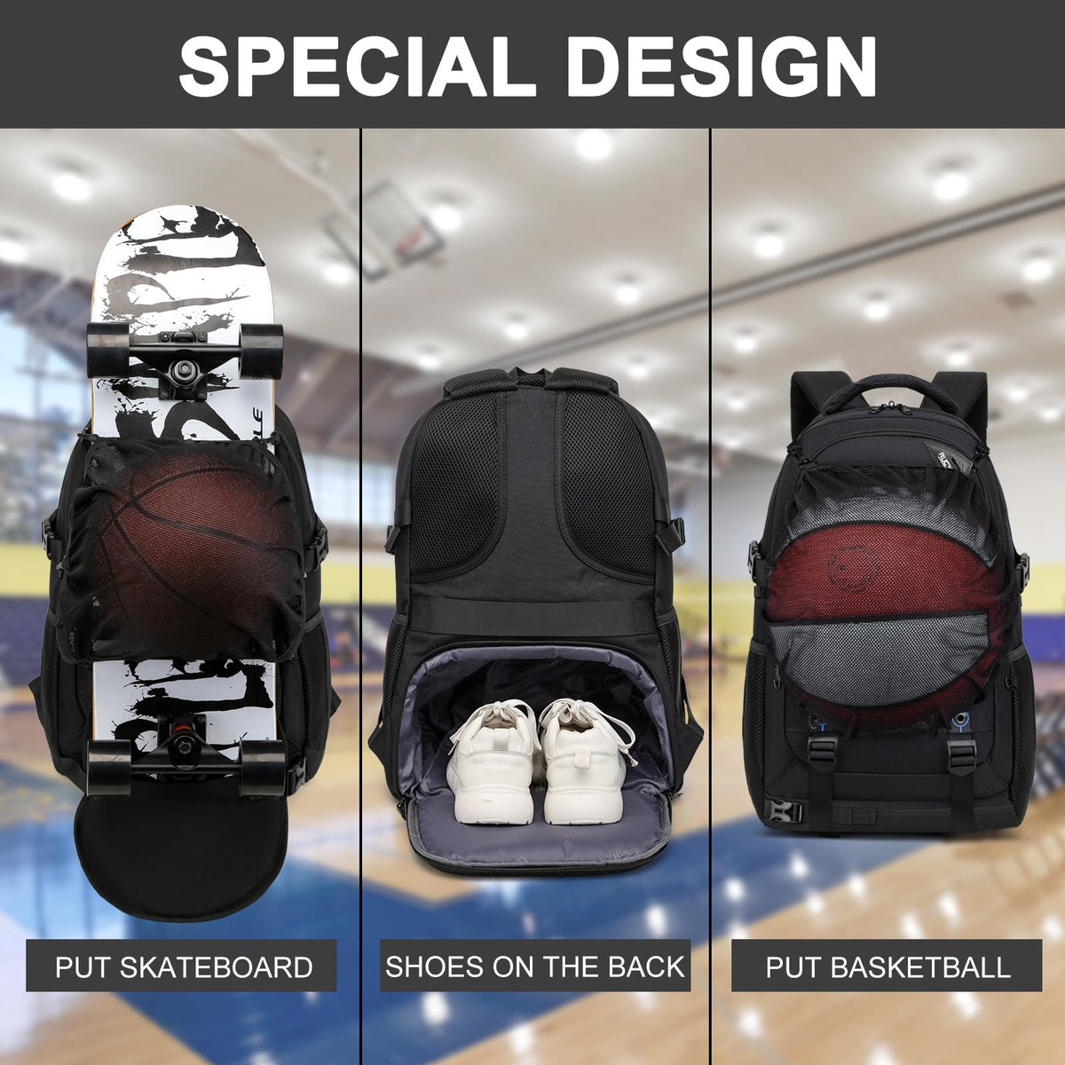 RUCYEN Skateboard Backpack, Laptop Backpack, Hidden Mesh and Anti-Theft Pockets, Waterproof Fabric, Fits up to 15.6 Inch Laptop, for Business Travel Men Women(Black)
