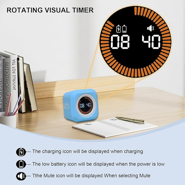 Rotating Cube Visual Pomodoro Timer 5, 25, 10 50 Minutes Preset + Custom Countdown, Rechargeable Desk Productivity Flip Timer with Detachable Silicone Cover for ADHD Study Work Kitchen School (Black)