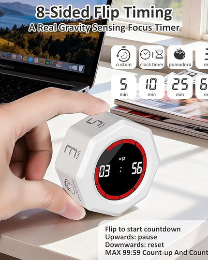 Rechargeable Pomodoro Timer, Magnetic Kitchen Timer for Cooking, 8-Angle Auto-Rotating Screen with Gravity Sensor, 3/5/10/25/30/60min & Custom Countdown for ADHD, Office, Study, Kitchen & Kids
