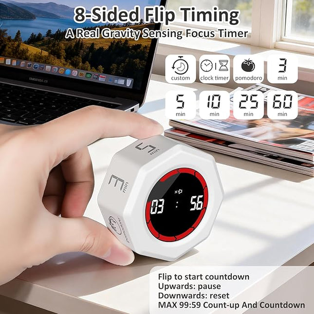 Rechargeable Pomodoro Timer, Magnetic Kitchen Timer for Cooking, 8-Angle Auto-Rotating Screen with Gravity Sensor, 3/5/10/25/30/60min & Custom Countdown for ADHD, Office, Study, Kitchen & Kids