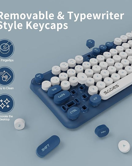 Wireless Keyboard and Mouse,Cute Retro Typewriter Computer Keyboard and Mouse Sets,Full SIze 2.4G Cordless Colorful Round Keycaps Keyboard with Silent Mouse for PC Window Laptop Home Office-White Blue