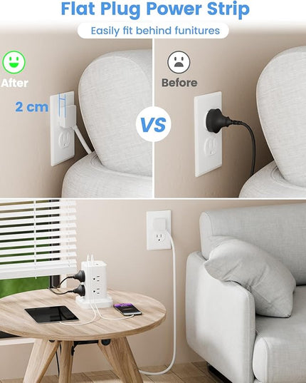Power Strip Tower with Surge Protector 1800J, Fast Charging Tower PD20W USB-C Ports with 8 AC Outlets, 6ft Extension Cord for Home Office Dorm Room, White