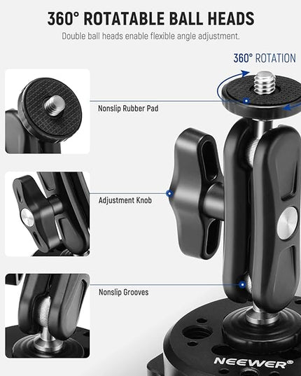 NEEWER 6" Suction Cup Camera Mount with Ball Head Magic Arm, 2 Pack Metal Car Mount for Camera/Action Camera/Phone, Air Pump Vacuum on Car or Window Glass with 1/4" 3/8" ARRI Mounting Holes, CA013