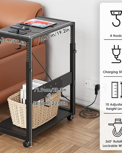 JANE EYRE Computer Tower Stand - Adjustable PC Tower Stand CPU Holder Cart with Charging Station for Office Home Classroom,23.03"-28.3" H, black