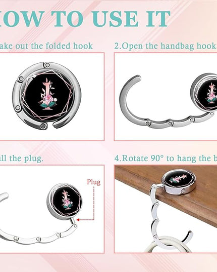 Pink Initial Foldable Purse Hook, Flower Letter Handbag Hanger, Women's Bag Hanger Hook, Round Purse Table Hook, Funny Desk Hook Gift for Family Colleague Friend Office Worker (Flower I)