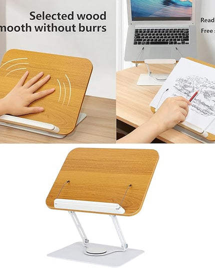 Book Stand for Reading, Wood Reading Rack with 360 Degree Rotating Base Page Clip Adjustable Height Book Holder Foldable Laptop Holder for Reader Office Kitchen School Tablet