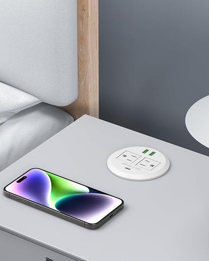 3-inch Desktop Power Grommet,Max 65W USB C Charger,2 Outlets and 3 USB, High-Speed Charging Station, Flush Mount Desk Hole Round Power Outlet, Recessed Power Strip,6ft Cord Flat Plug