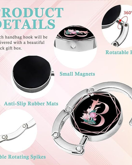 Pink Initial Foldable Purse Hook, Flower Letter Handbag Hanger, Women's Bag Hanger Hook, Round Purse Table Hook, Funny Desk Hook Gift for Family Colleague Friend Office Worker (Flower B)