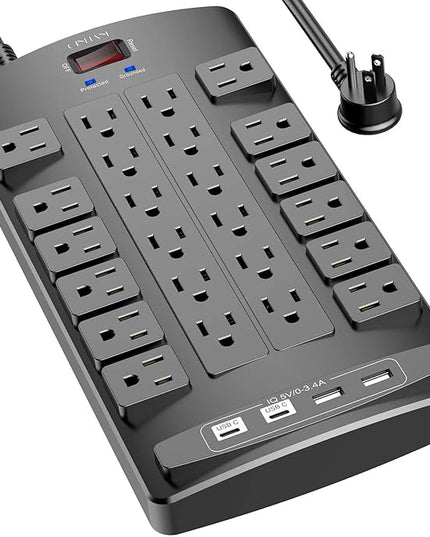 QINLIANF Surge Protector Power Strip - 6Ft Flat Plug Heavy Duty Extension Cord with 24 Outlets and 4 USB Ports(2 USB-C Ports), 1875W/15A, 4100J, for Home, Office, Dorm, ETL Listed, Black